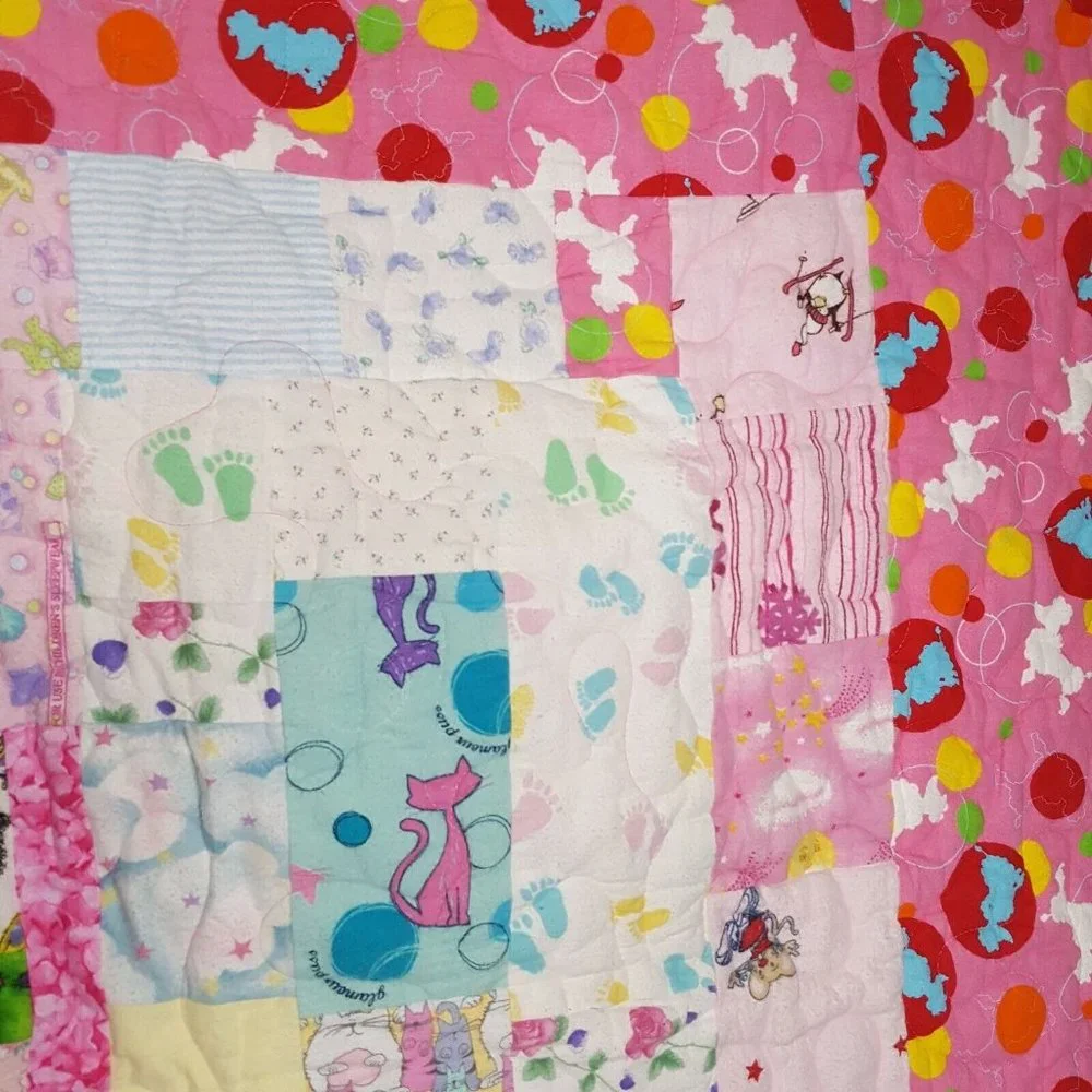 Pink White Quilted Poodle Dogs Baby Girls Blanket Security Lovey 40 x 40